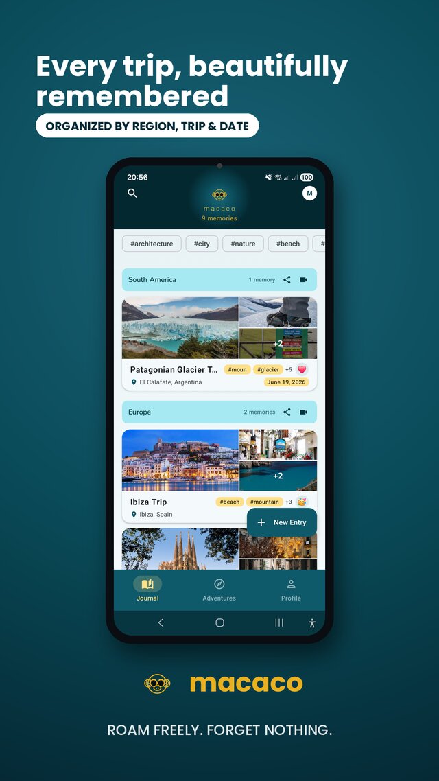 Macaco journal screen β every trip organised by region, trip and date