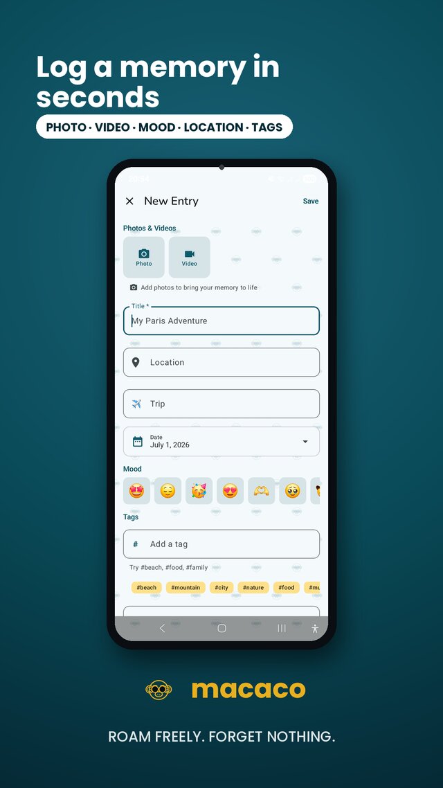 Logging a new Macaco entry with photo, video, mood, location and tags